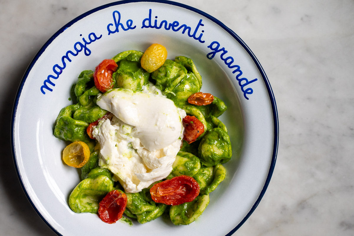Orecchiette with Saucy Arugula, Semi-Dried Tomatoes & Burrata