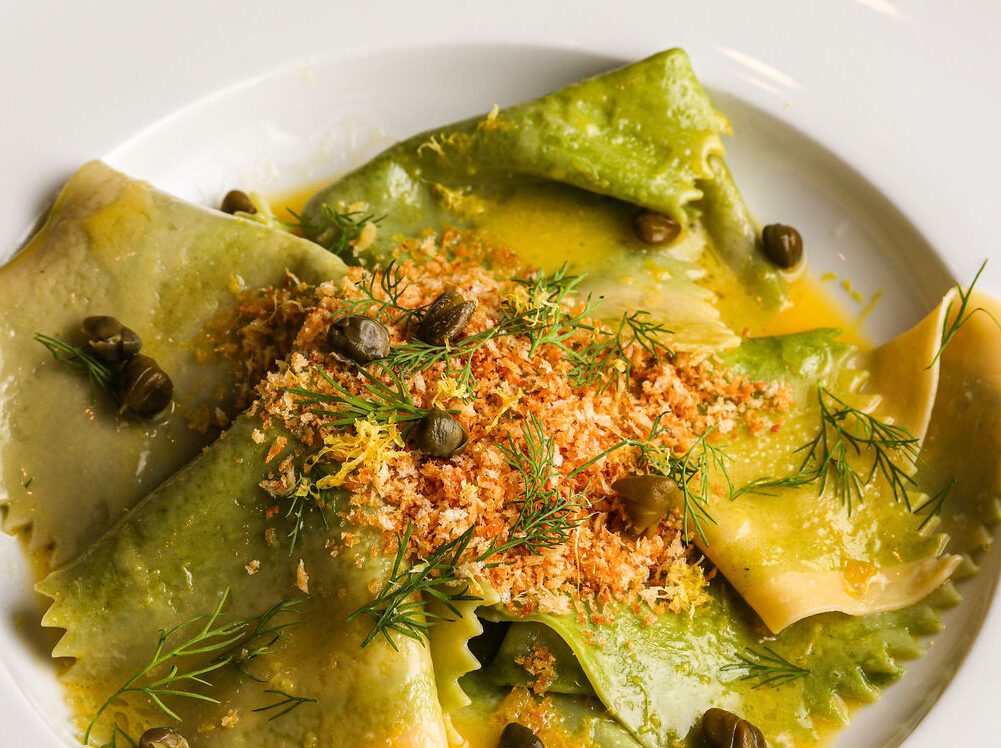 Handkerchief Pasta with caper, breadcrumbs, dill, and butter