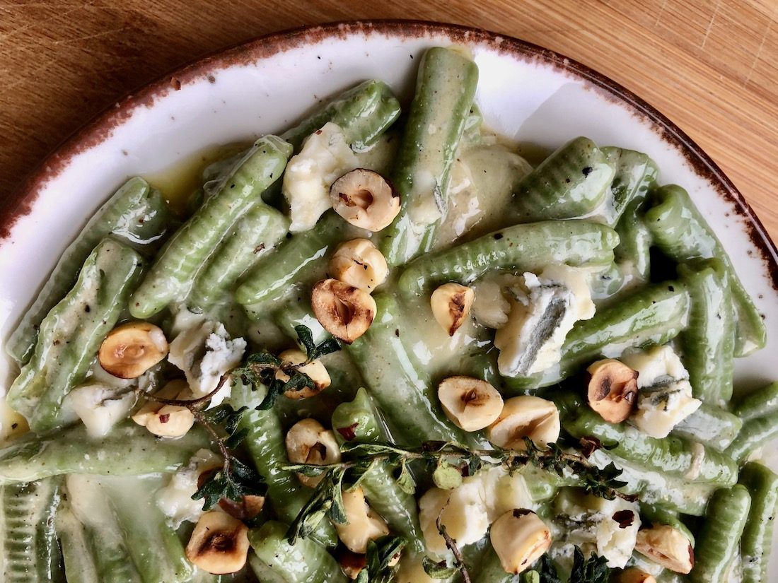 Spinach Casarecce pasta with gorgonzola and hazlenuts