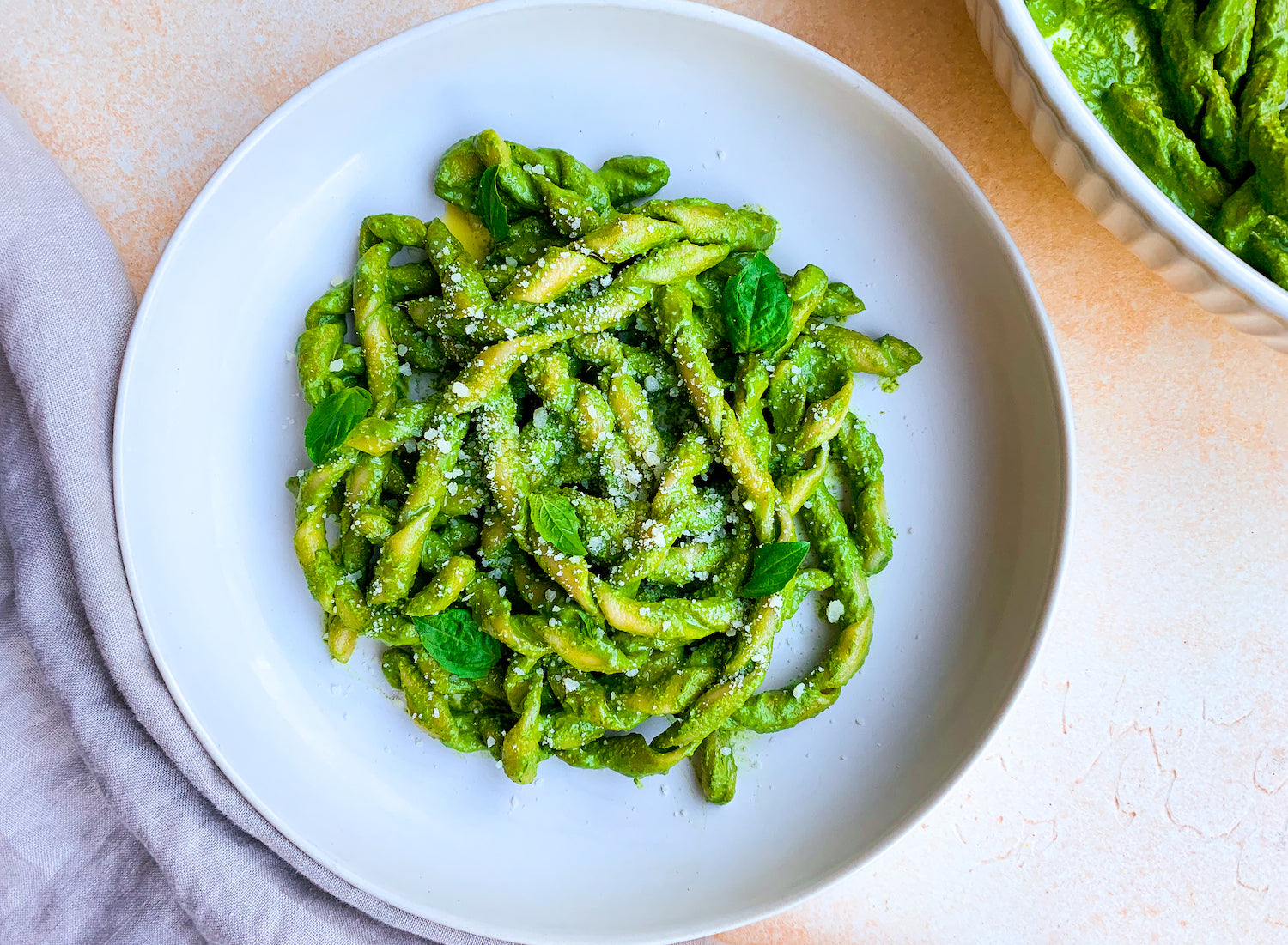 Busiate Radish Greens & Basil Sauce by Meryl Feinstein Pasta Social Club - qbcucina.com