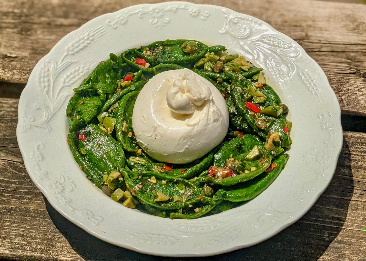 Stinging Nettle Olive Leaf Pasta with Olives, Anchovies and Capers