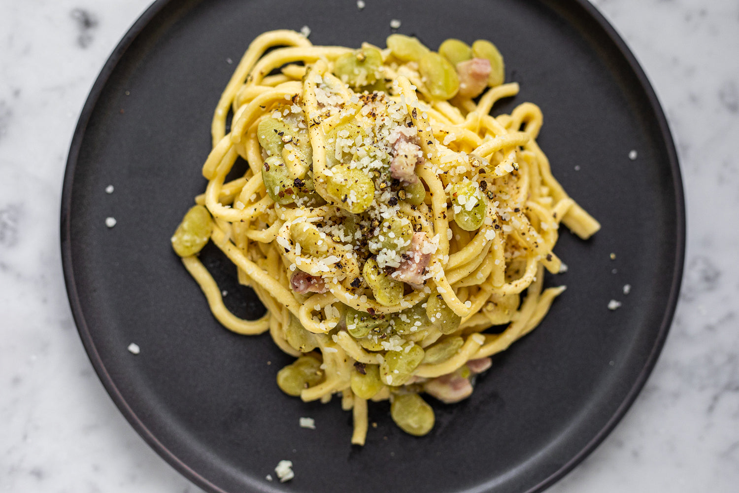 Spaghetti alla Chitarra with Lima Beans Pancetta Pecorino